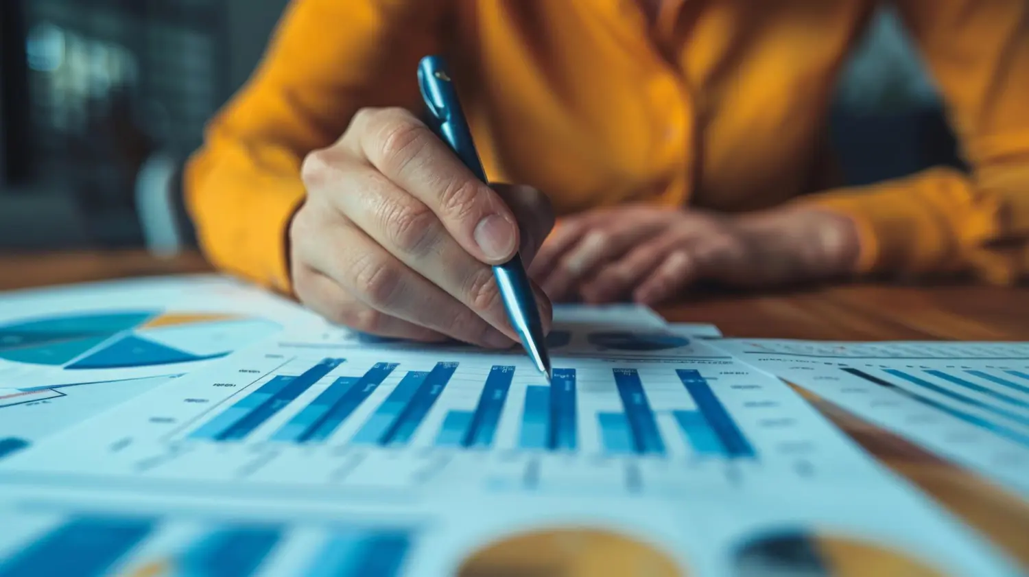 Profissional anotando em gráficos e planilhas impressas durante processo de modelagem financeira empresarial