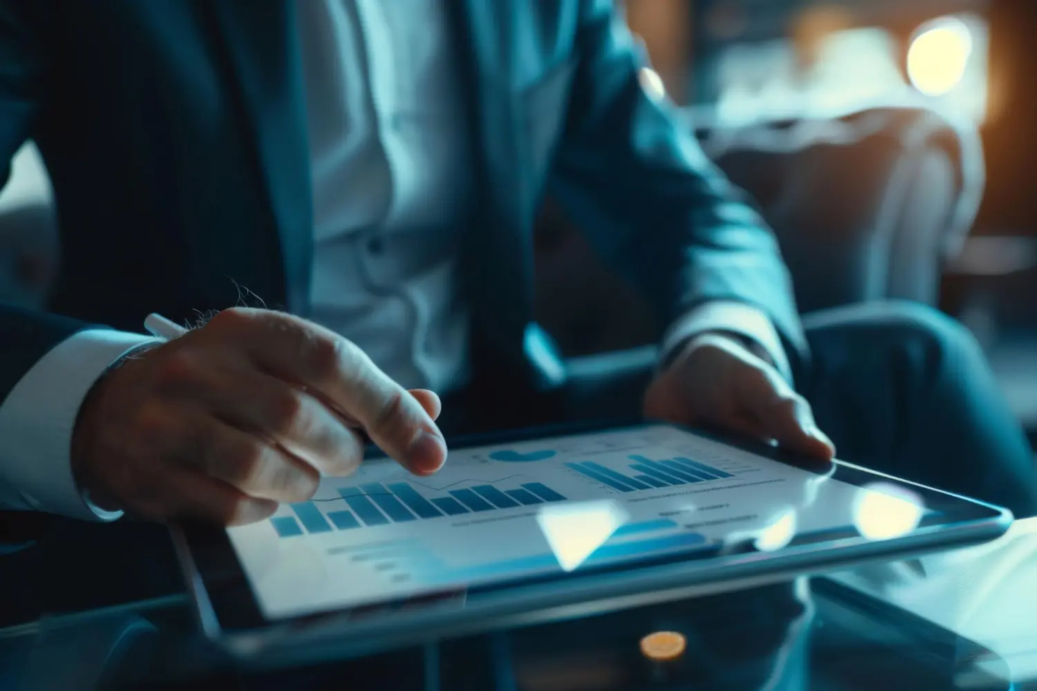 Executivo analisando gráficos em tablet usando ferramentas de gestao empresarial para tomada de decisão