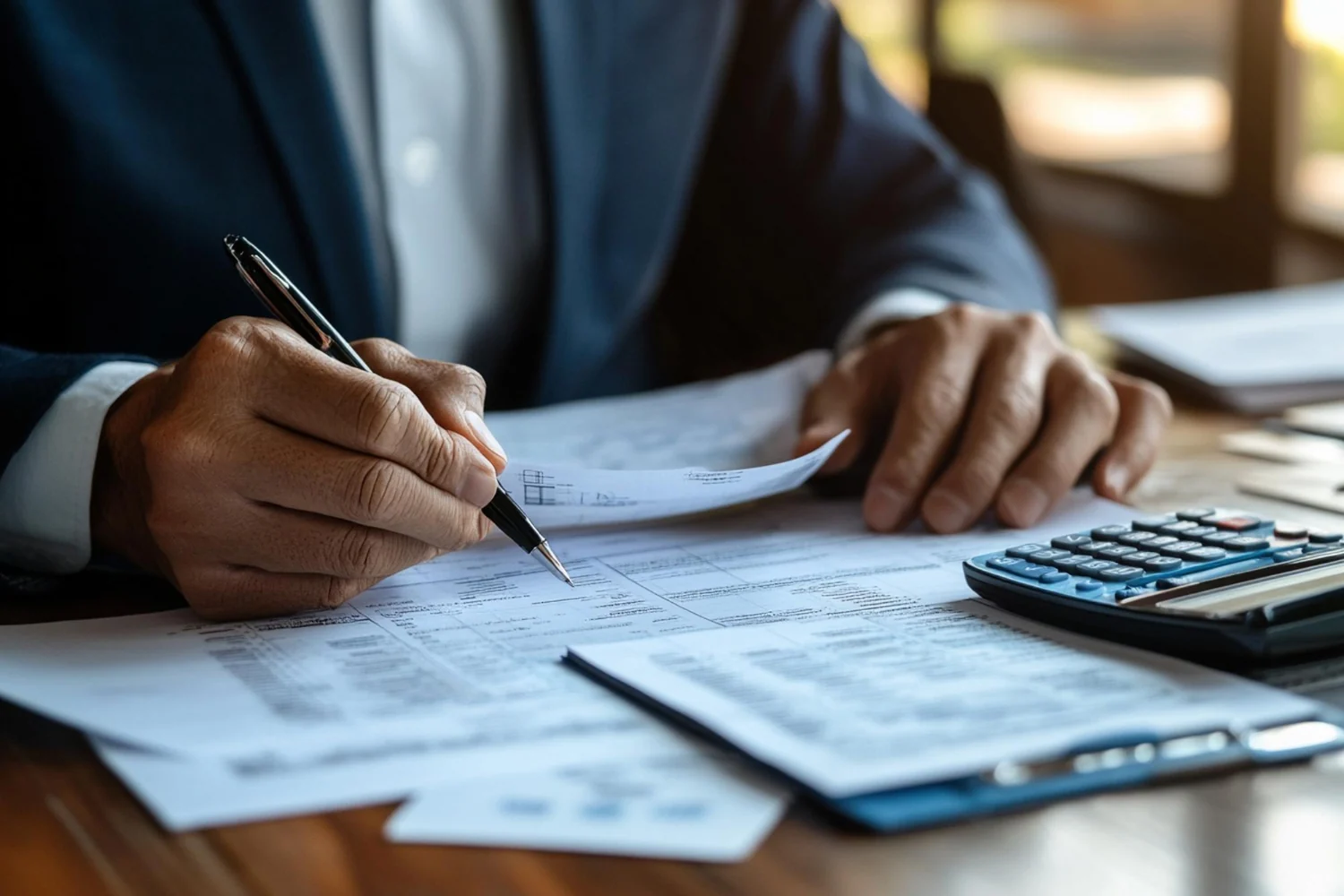 Empresário revisa documentos fiscais com calculadora para apurar a alíquota efetiva do IBS e da CBS